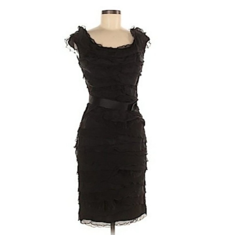 Tadashi Shoji Silk Black Scoop Neck Cap Sleeve Ruffle Sheath Dress Size 12